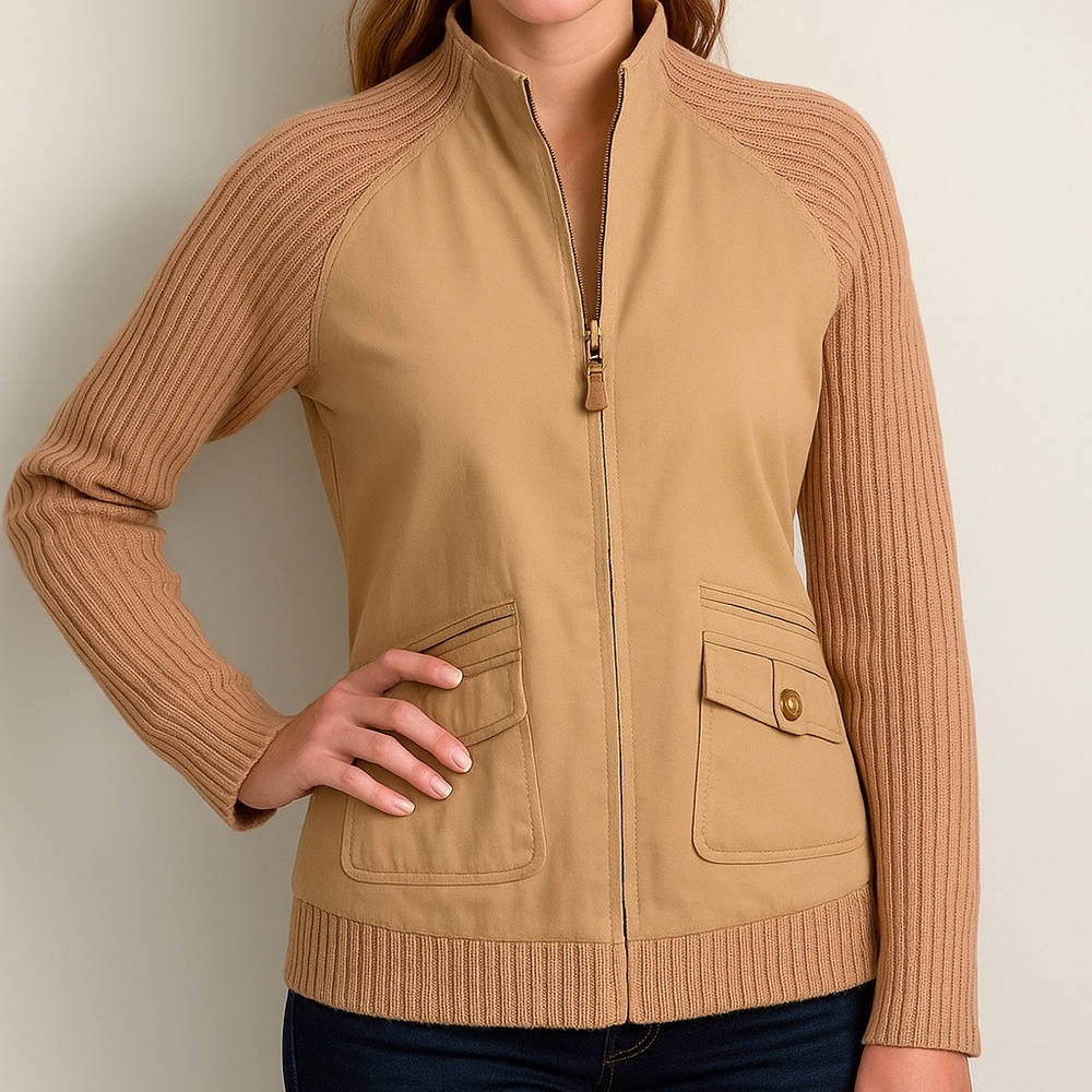 St.John  Sport Beige Sport Jacket Silk Linned Raglan Knit Sleeves Winter wear.